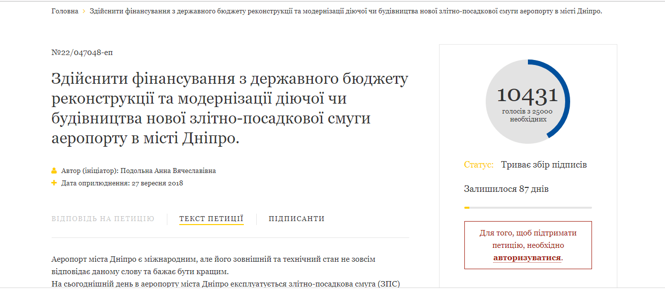 Уже более 10 тысяч днепрян поддержали реконструкцию аэропорта. Новости Днепра