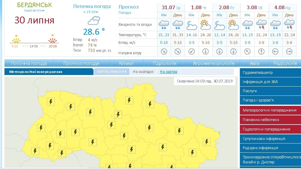 В Бердянске объявили первый уровень опасности: ожидается дождь с грозами. Новости Днепра