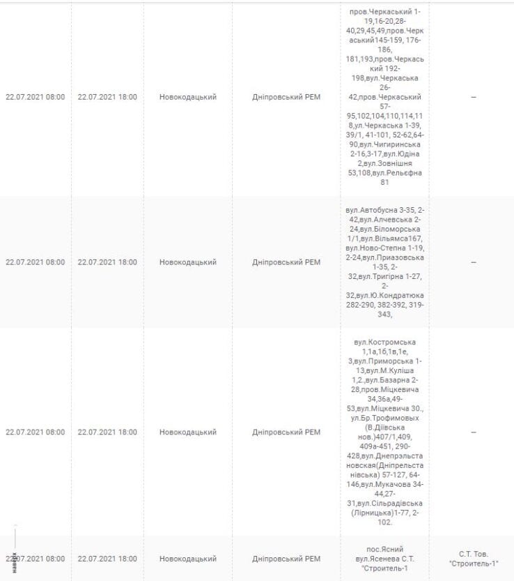 Отключение света 22 июля 2021 (Адреса) - новости Днепра