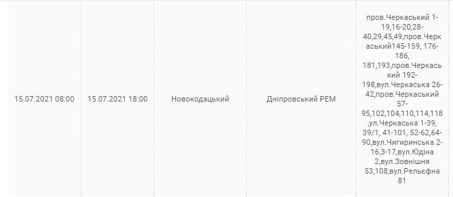 15 июля 2021 отключат свет в 6 районах  (Адреса) - новости Днепра