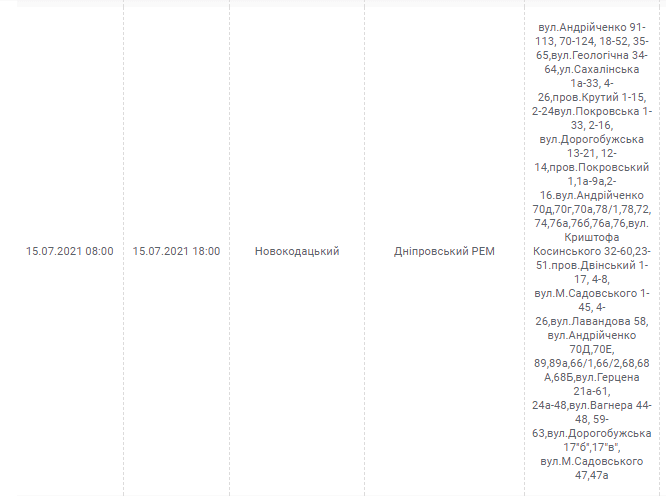 15 июля 2021 отключат свет в 6 районах  (Адреса) - новости Днепра