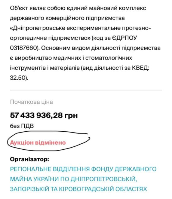 «Дніпропротез» залишається у державній власності: другий аукціон відмінено