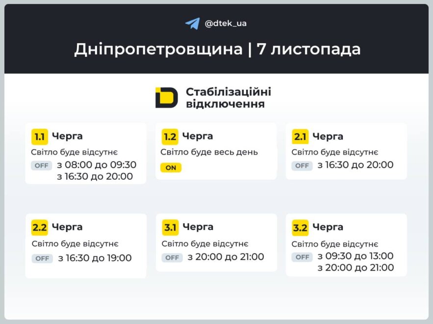 Графіки відключень у Дніпрі на 7 листопада від ЦЕК та ДТЕК