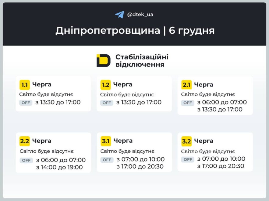 Відключення світла 6 грудня: графіки від ДТЕК та ЦЕК для Дніпра