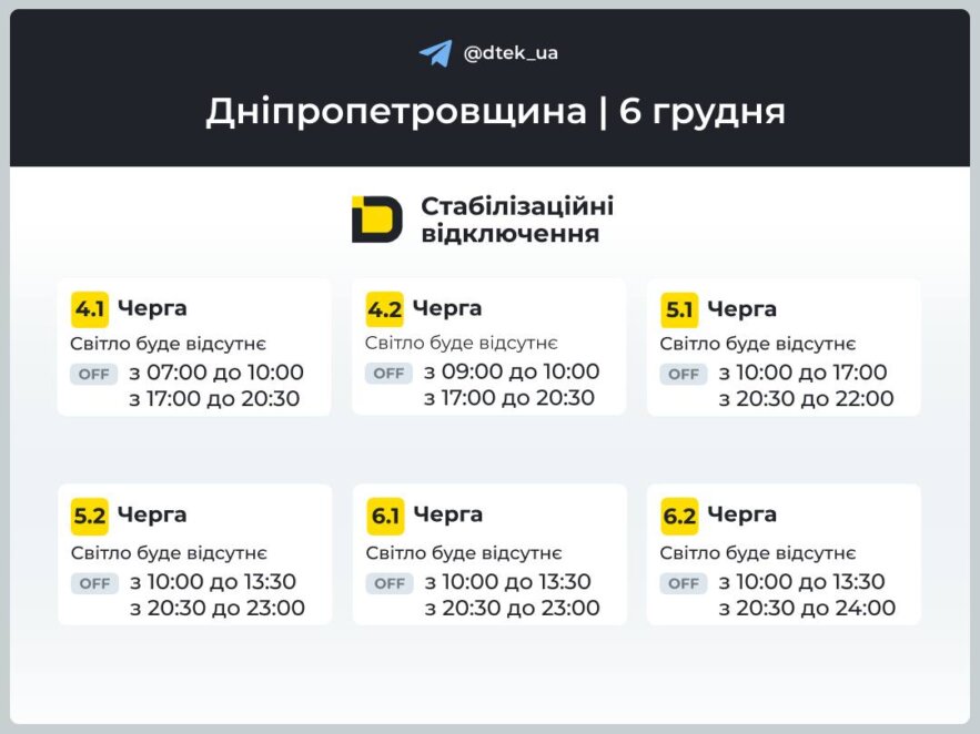 Відключення світла 6 грудня: графіки від ДТЕК та ЦЕК для Дніпра