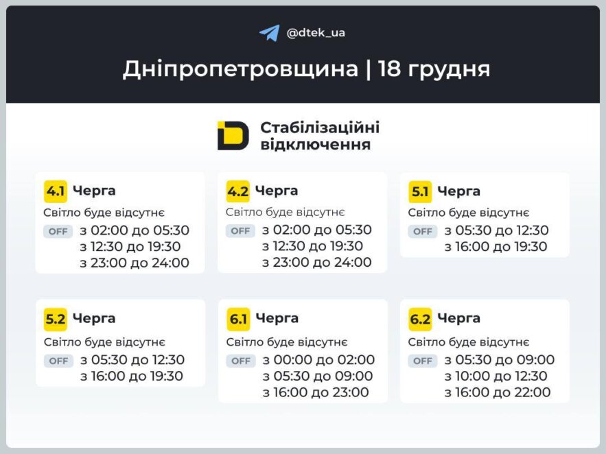 Графіки відключення світла у Дніпрі 18 грудня