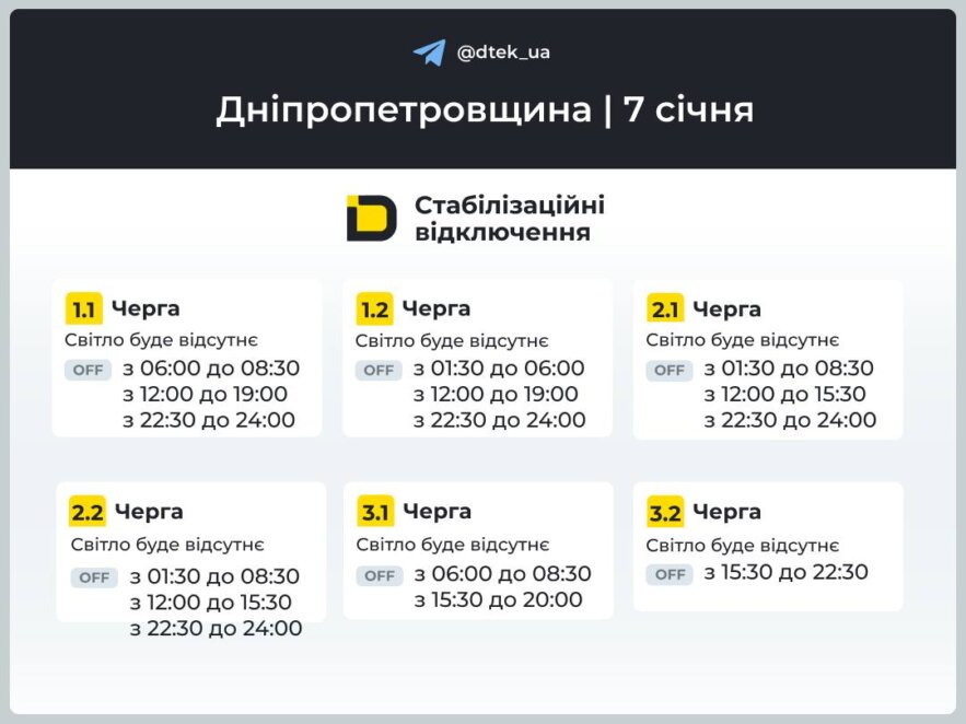 ДТЕК та ЦЕК опублікували графіки відключень на 7 січня для Дніпра та області