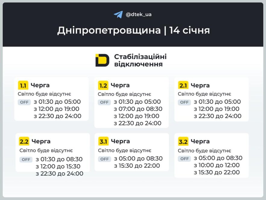 Графіки від ДТЕК та ЦЕК: відключення світла у Дніпрі та області 14 січня