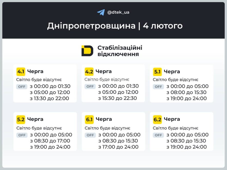 Обмеження триватимуть: як відключатимуть світло 4 лютого у Дніпрі та області