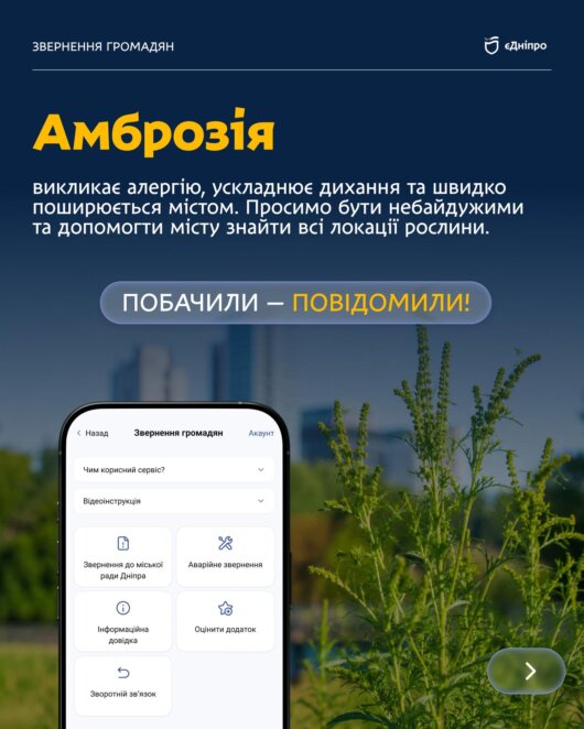 ОФІЦІЙНО                Мешканців Дніпра закликають повідомляти про осередки амброзії через застосунок «єДніпро»