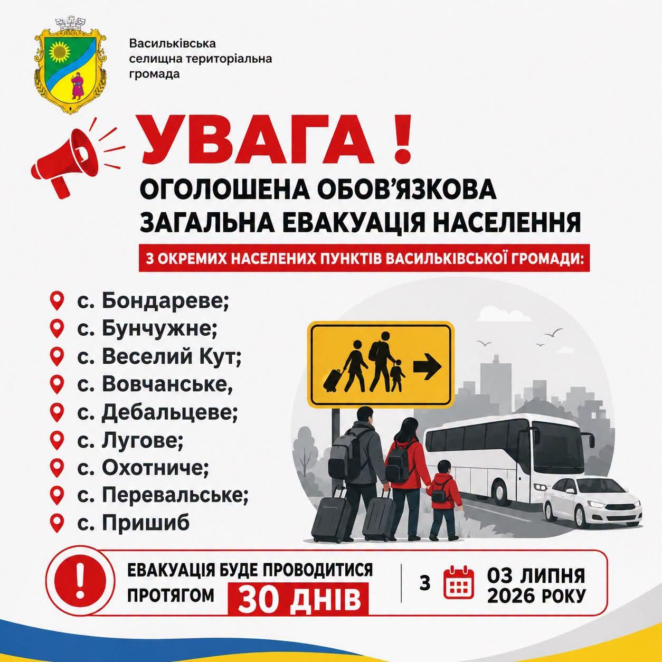 На Дніпропетровщині оголосили обов’язкову евакуацію з дев’яти сіл Васильківської громади